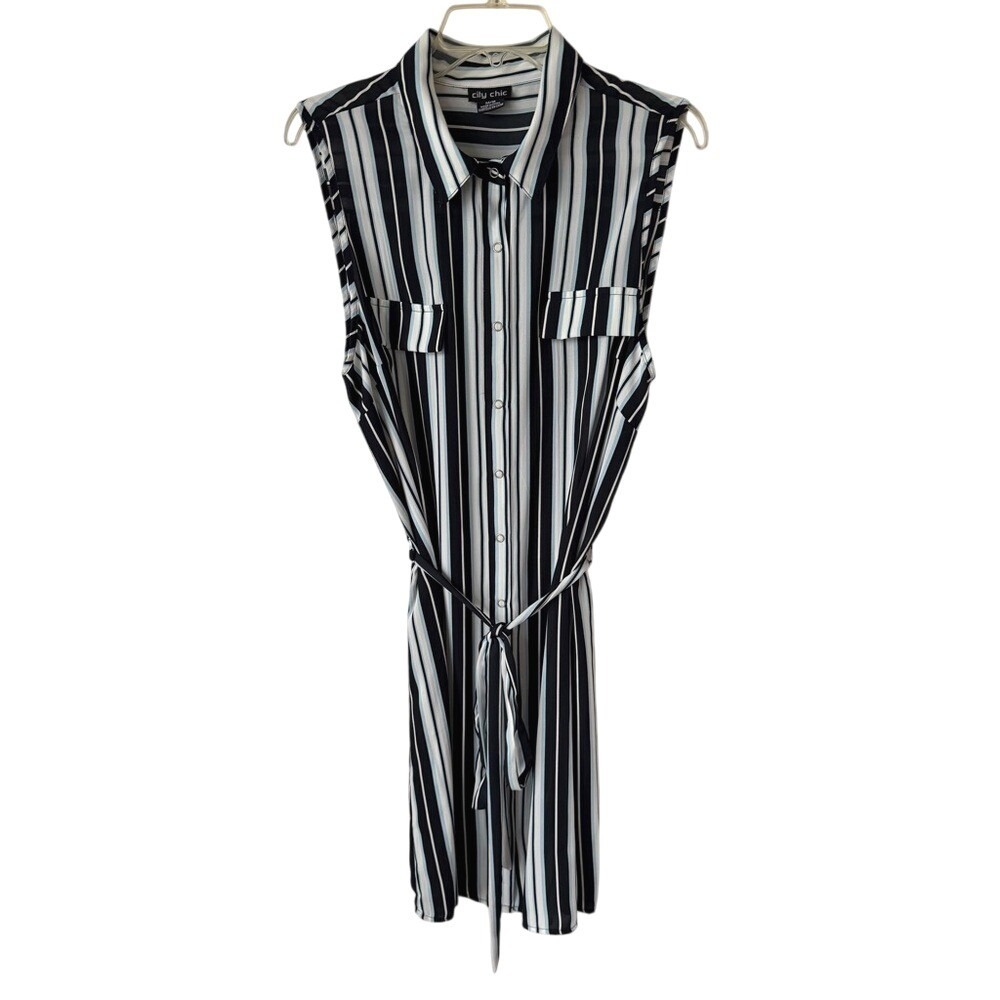 City‎ Chic Sleeveless Stripe Shirt Dress Cinched Belted Waist Collared Office 18